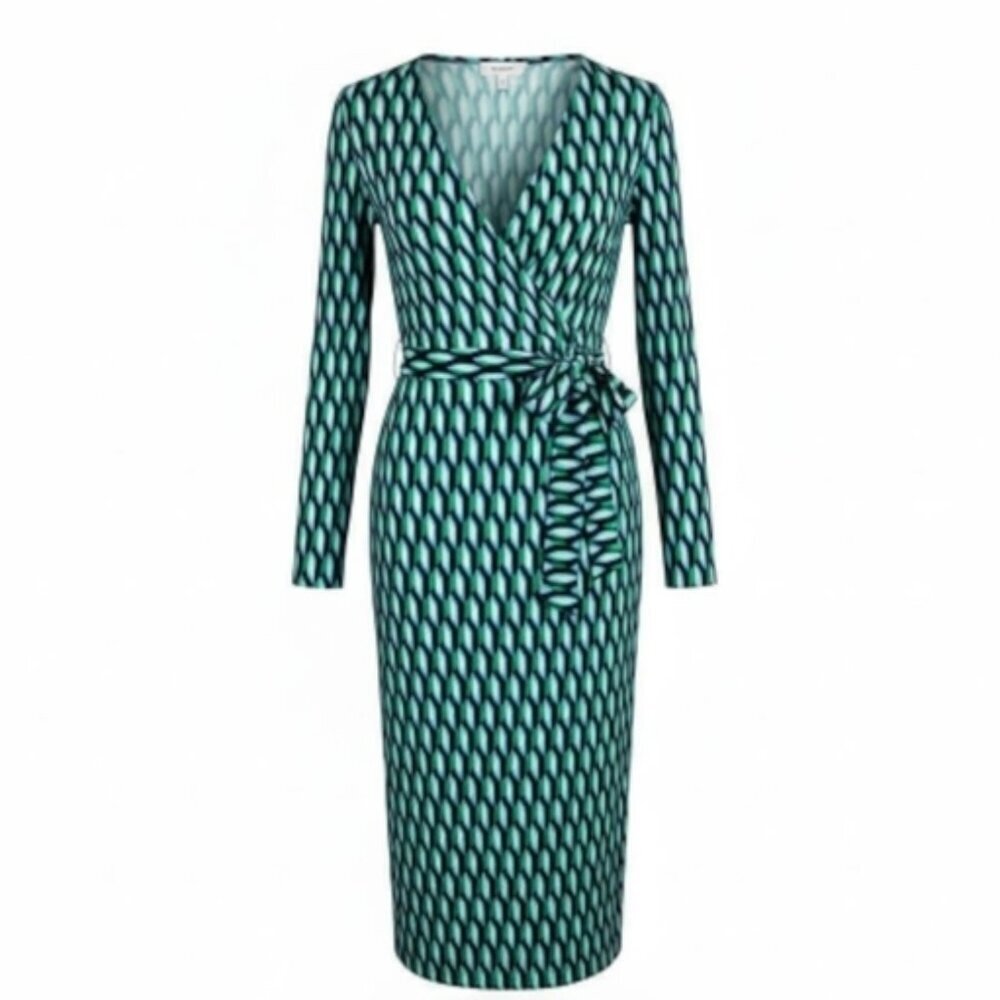Diane Von Furstenberg Target Midi Wrap Dress XXS Arrow Geo Green Long Sleeve New
